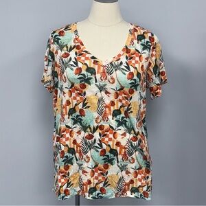 NWOT C&C California Plus 1X 100% Linen Top Fruit Lobster Print T-Shirt Hi Low